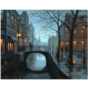 

RIHE Rain Small Town-DIY Painting by Numbers for Adults, Modern Wall Art Picture, Paint by Number Kits on Canvas with Brush