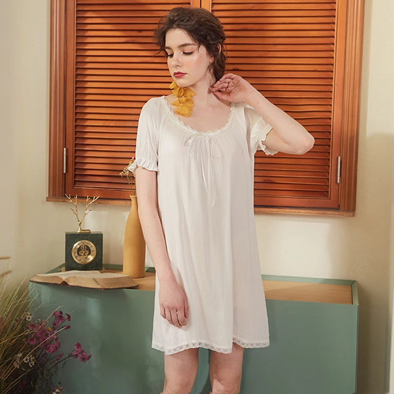 

Wasteheart Women Fashion White Cotton Sexy Sleepwear Round Neck Nightdress Lace Nightwear Sleepshirts Nightgown Sleepwear Night