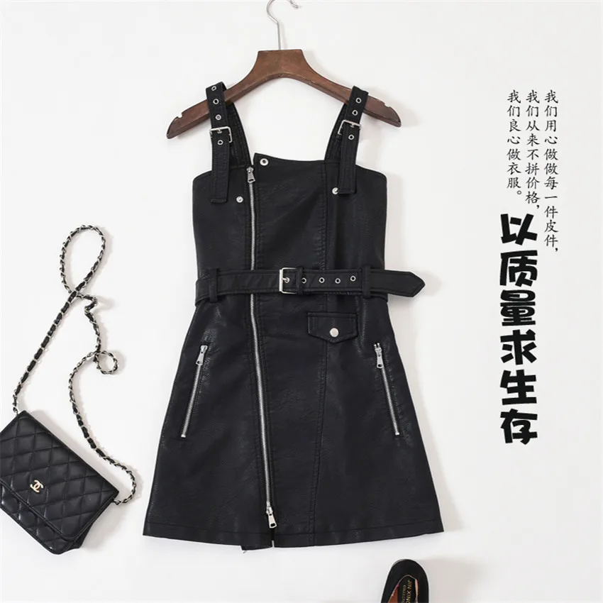 

New Autumn Fahion Women PU Overalls Female Sleeveless Zipper Dress Slim Black Tank Dress Lady Vestidos Streetwear Mini Hot WZ516