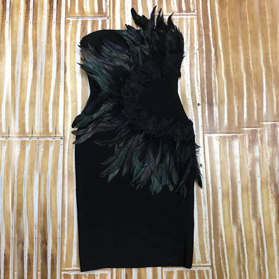 Black Strapless Bandage Dress with Sleeveless Feather Detailing for Club Celebrity Parties image 6