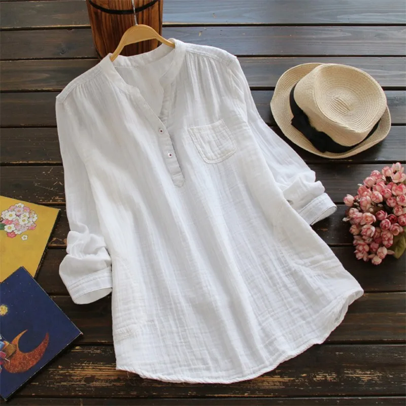 

Women Tops Solid Color Stand Collar Long Sleeve Cotton Top Shirt
