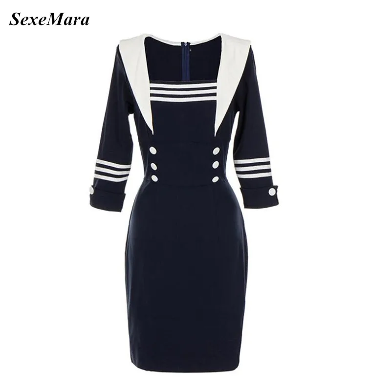

2017 SexeMara New Winter Autumn Navy Style Blue 1950s Vintage Pin UP Cotton Dress Party Dress Vestidos Plus Size