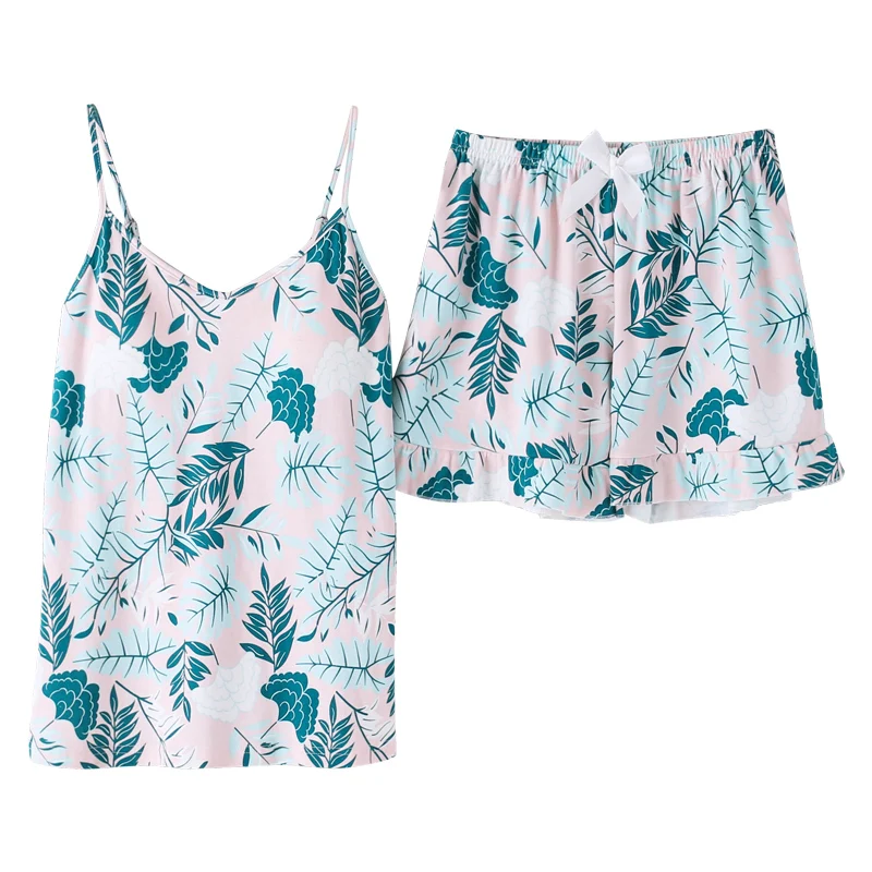 

BZEL 2019 New Summer Woman Pink Pajamas Set Ladies Sleepwear Sleeveless Floral Print Tops And Shorts Homewear Suit Plus SizeXXXL