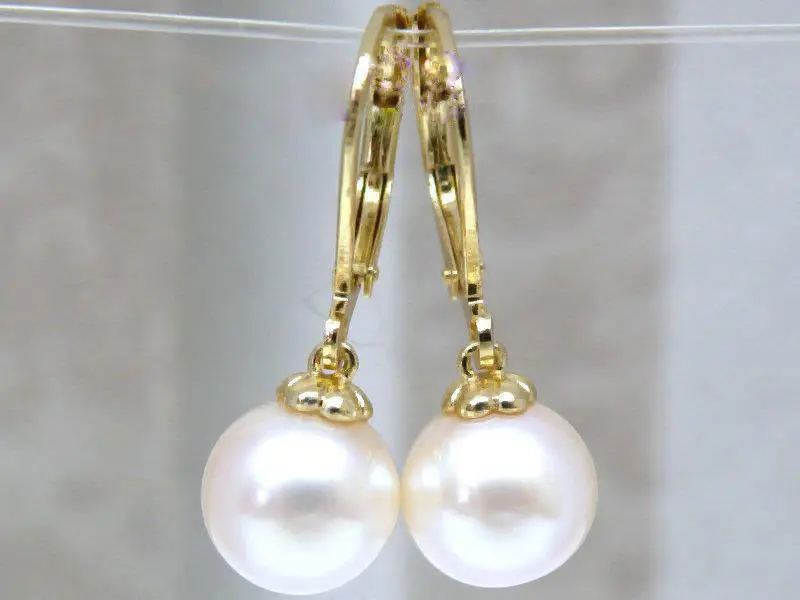 

EXCELLENT 7.6MM AAA+++ GRADE WHITE AKOYA PEARL DANGLE EARRING GOLD