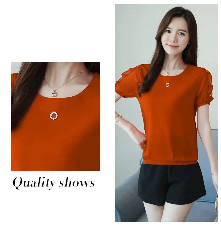 2018 Newest Beading Top Ladies Chiffon Blouse Women Tops O-neck Short Sleeve Femme Shirts Summer Red Blusas Mujer Verano Moda (7)
