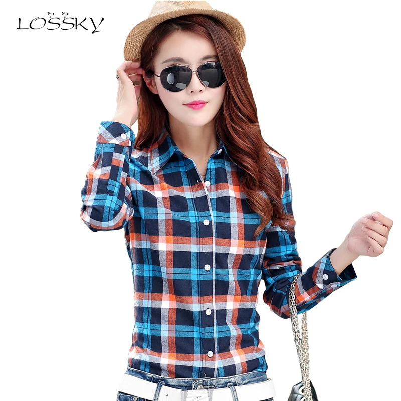 

LOSSKY Autumn Women Fashion Plaid Cotton Shirt Female College Style Blouses Long Sleeve Flannel Shirts Plus Size Office Tops 5XL