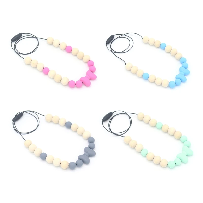 

Baby Teether Necklace Silicone Wood Pendant Beads Bow Knot Teething Nursing Toys