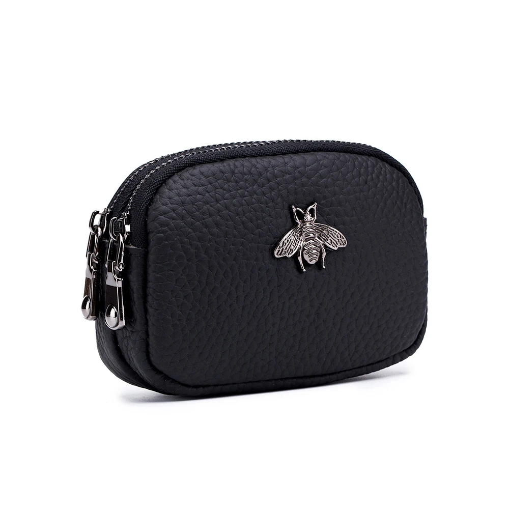 Модная дизайнерская маленькая сумка с пчелами для женщин из натуральной коровьей кожи, мини кошелек для монет, маленький кошелек, милый корейский стиль, 2 молнии - Цвет: Black