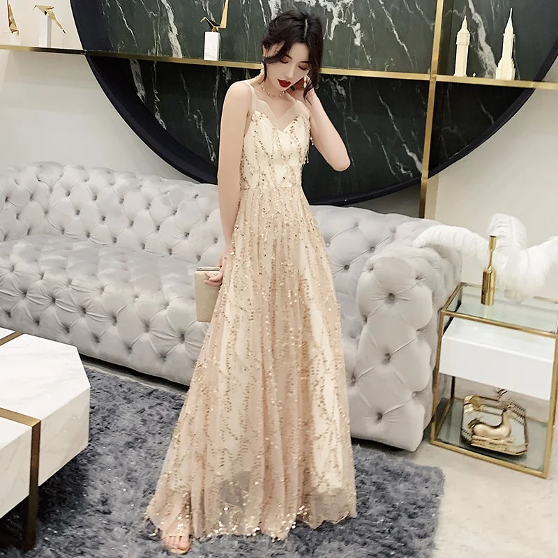 

Robe De Soiree 2019 New Elegant A Line V Neck Backless Champagne Long Formal Evening Dresses Sequined Party Gowns LF459