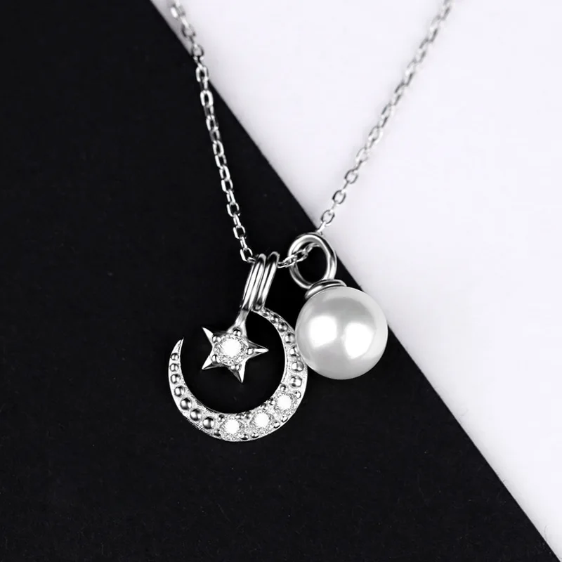 

Elegant CZ Moon Star Shell Pearl 925 Sterling Silver Necklace