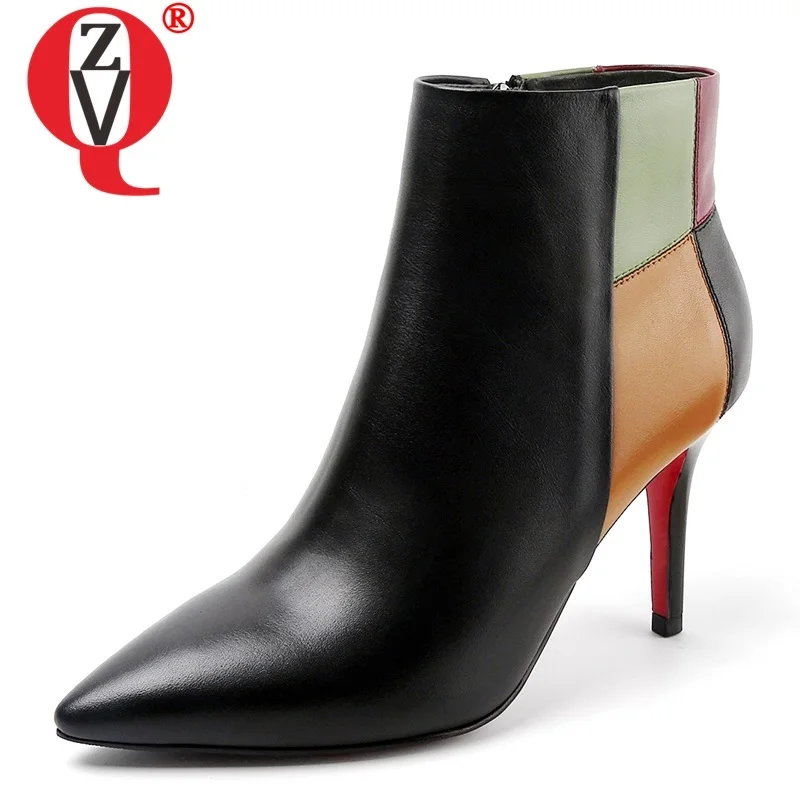 

ZVQ woman shoes spring winter new fashion sexy pointed toe genuine leather ankle boots outside super high thin heels zip shoes