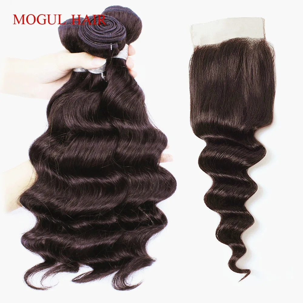 MOGUL HAIR Dark Brown Color 2 Brazilian Loose Deep Wave Hair 2/3 Bundles With Closure 12-24 inch Remy Human Hair Weave