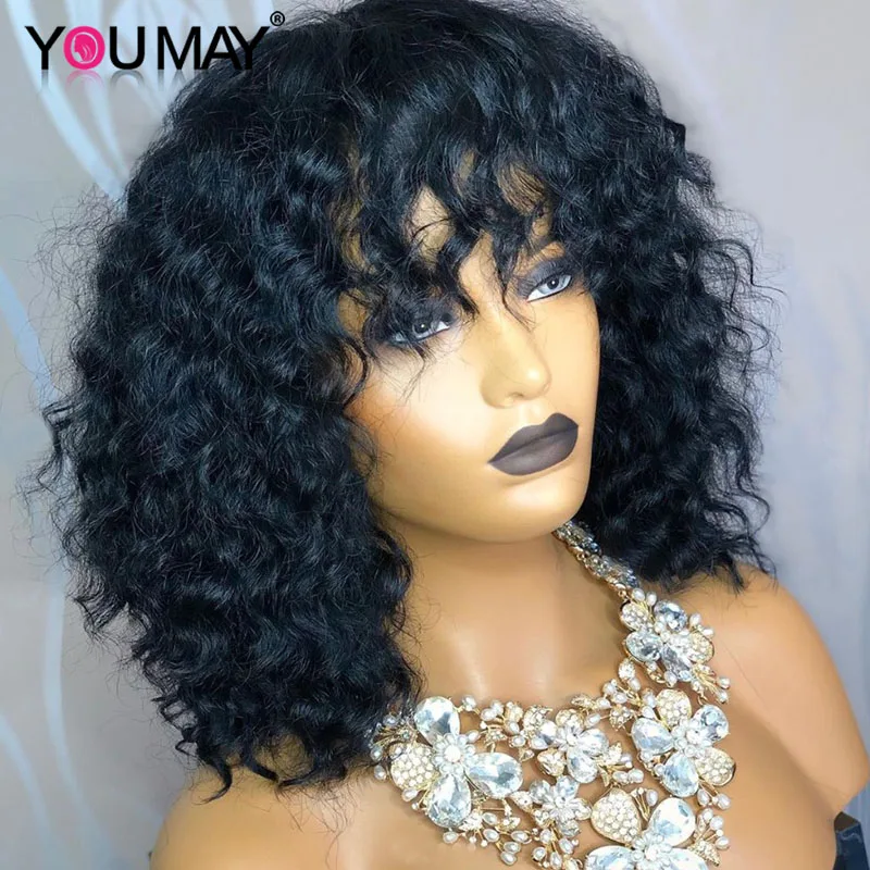 Comprar Pelucas de pelo humano rizadas brasileñas de 250% densidad con flequillo pelucas frontales de encaje 13x6 Bob para mujeres pelucas de encaje 360 con flequillo que puedes Remy