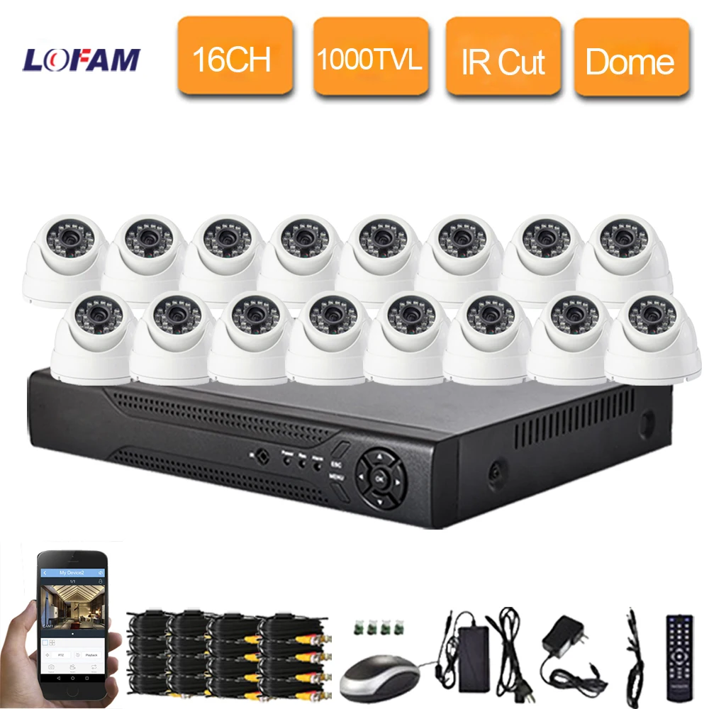  LOFAM home 16ch realtime recording DVR 1000tvl Indoor dome IR Cut security camera cctv system video surveillance kit 16 channel 
