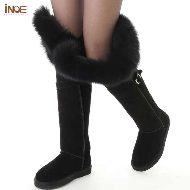 thigh suede sheepskin leather fur lined natural fox fur over the knee long winter snow boots for