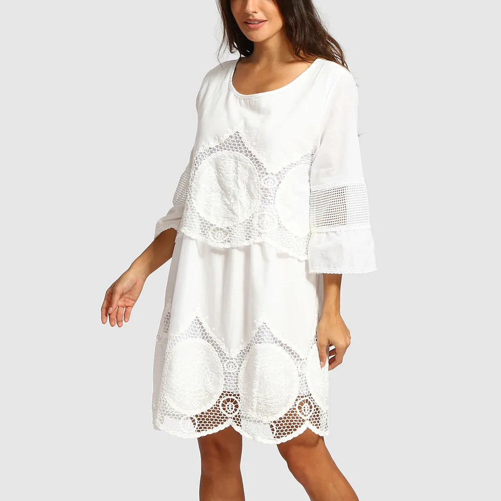 Women Dress Fashion Plus Size White Lace Embroidery Hollow-out Round Neck Boho Beach Dress O-Neck Solid Dress Freeship F#M30  (6)