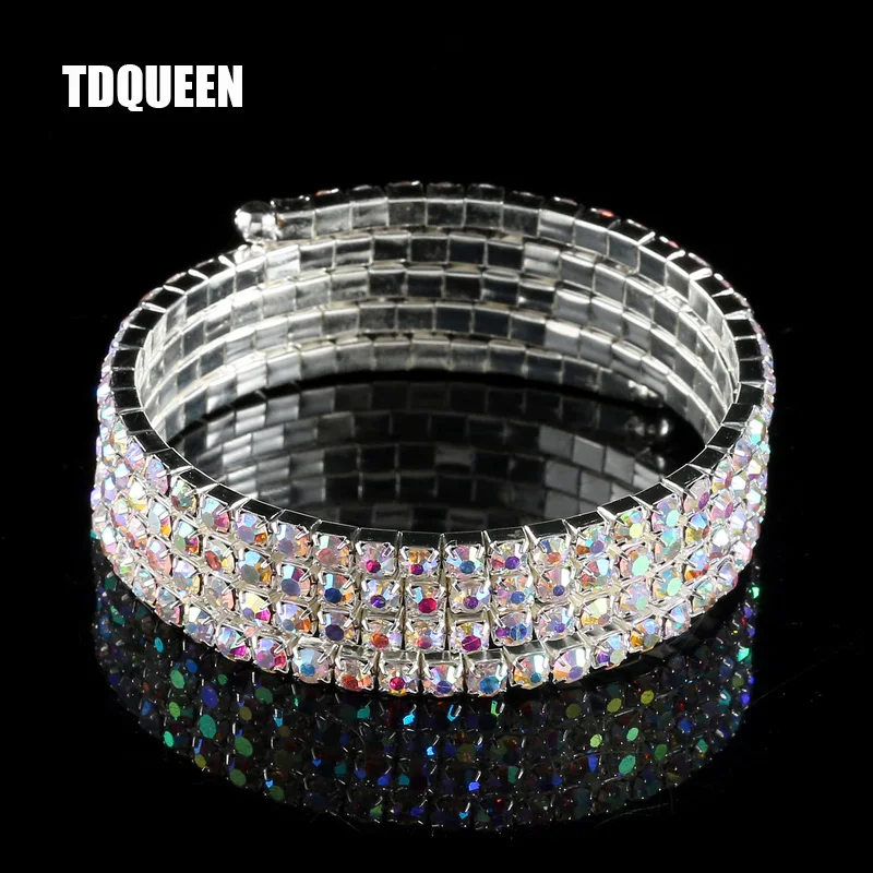 AB Crystal Rhinestone Bangle Bracelets Silver Plated Spiral Upper Arm Bracelet for Women 4 Row Iridescent Color Bracelets Bangle (2)