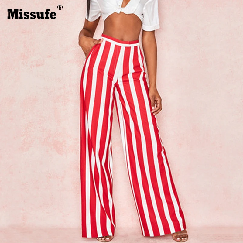 

Missufe Casual Pants Female Fashion Striped Wide Leg Pants Women Summer Beach High Waist Trousers Loose Chiffon Pants Streetwear