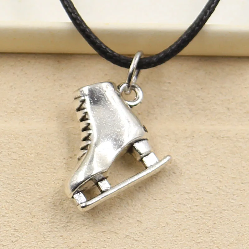 New Fashion Tibetan Silver Pendant ski boots Necklace Choker Charm Black Leather Cord Factory