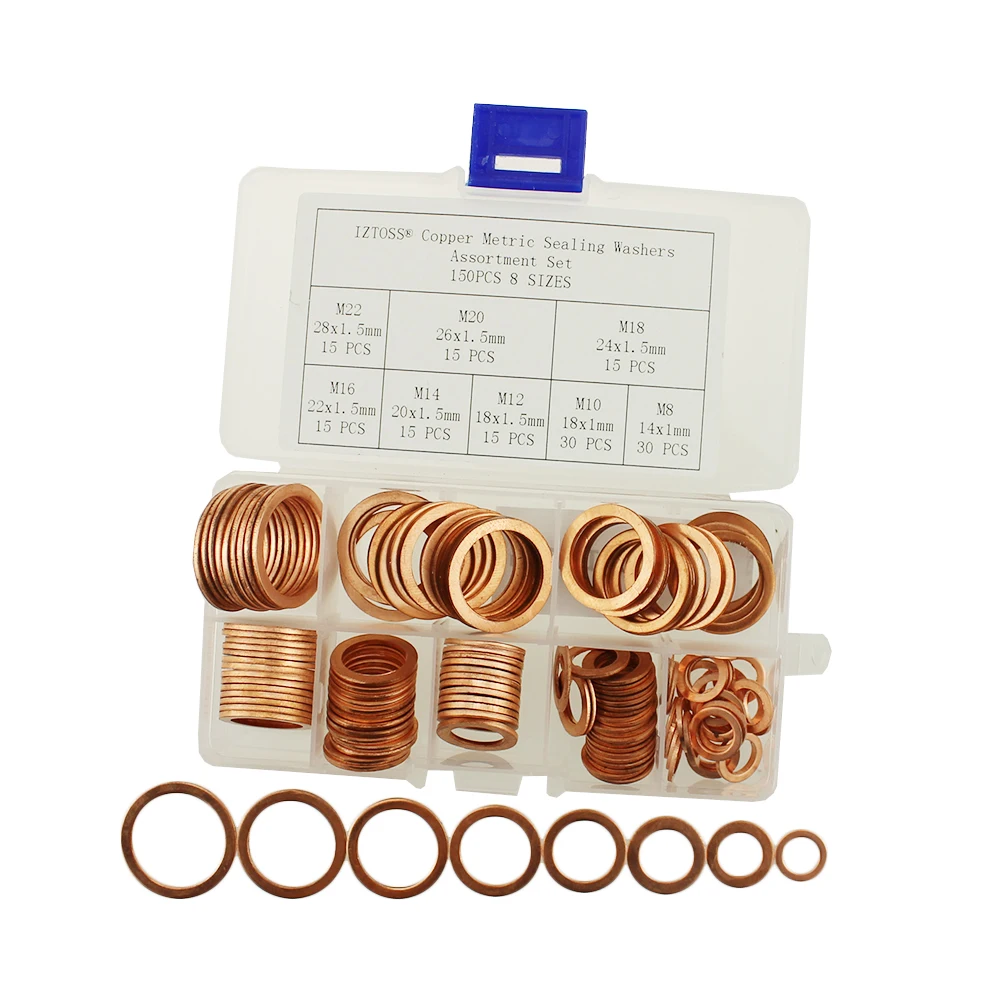 IZTOSS 150Pcs 8 Sizes Copper Metric Sealing Washers Assortment Set M8