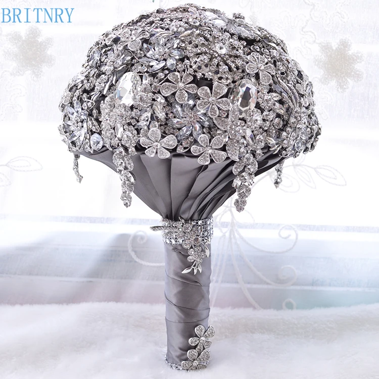 BRITNRY Luxury Crystal Wedding Bouquet Handmade Satin Roses Artificial