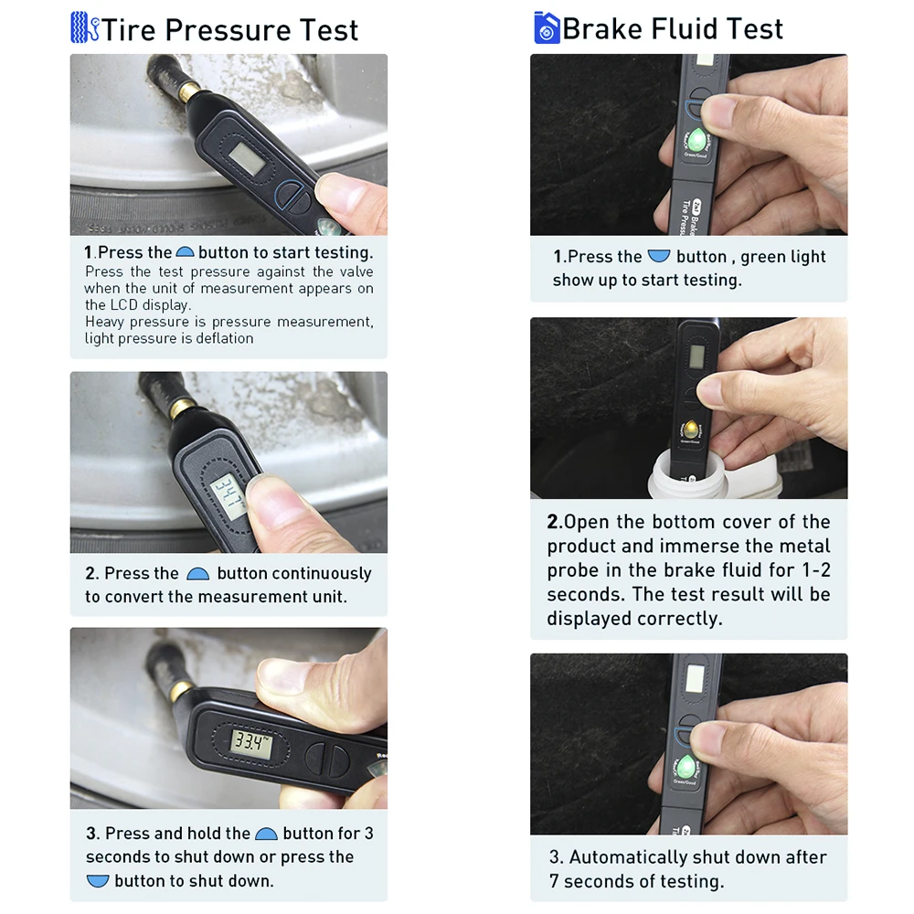 Тормозная жидкость тестер+ Система контроля давления в шинах 2in1 Тормозная жидкость автомобиля тестеры автомобильной TMPS кПа/фунтов/кв. дюйм/бар для DOT3/4/5 шин Давление мониторинга Системы