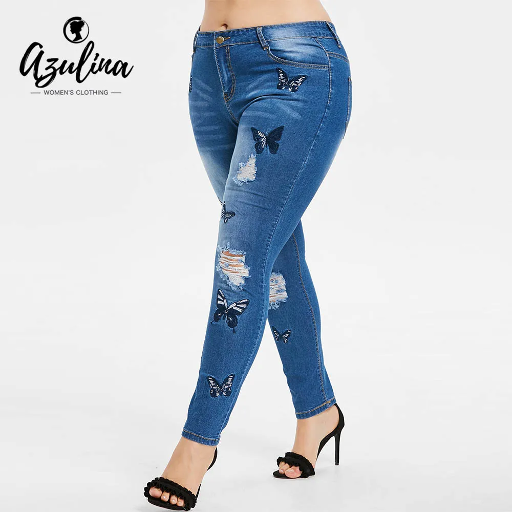 Rosegal Plus Size Butterfly Distressed Embroidered Jeans Women Pant Skinny High Waist Pencil Pants Denim Jean Ladies Trousers