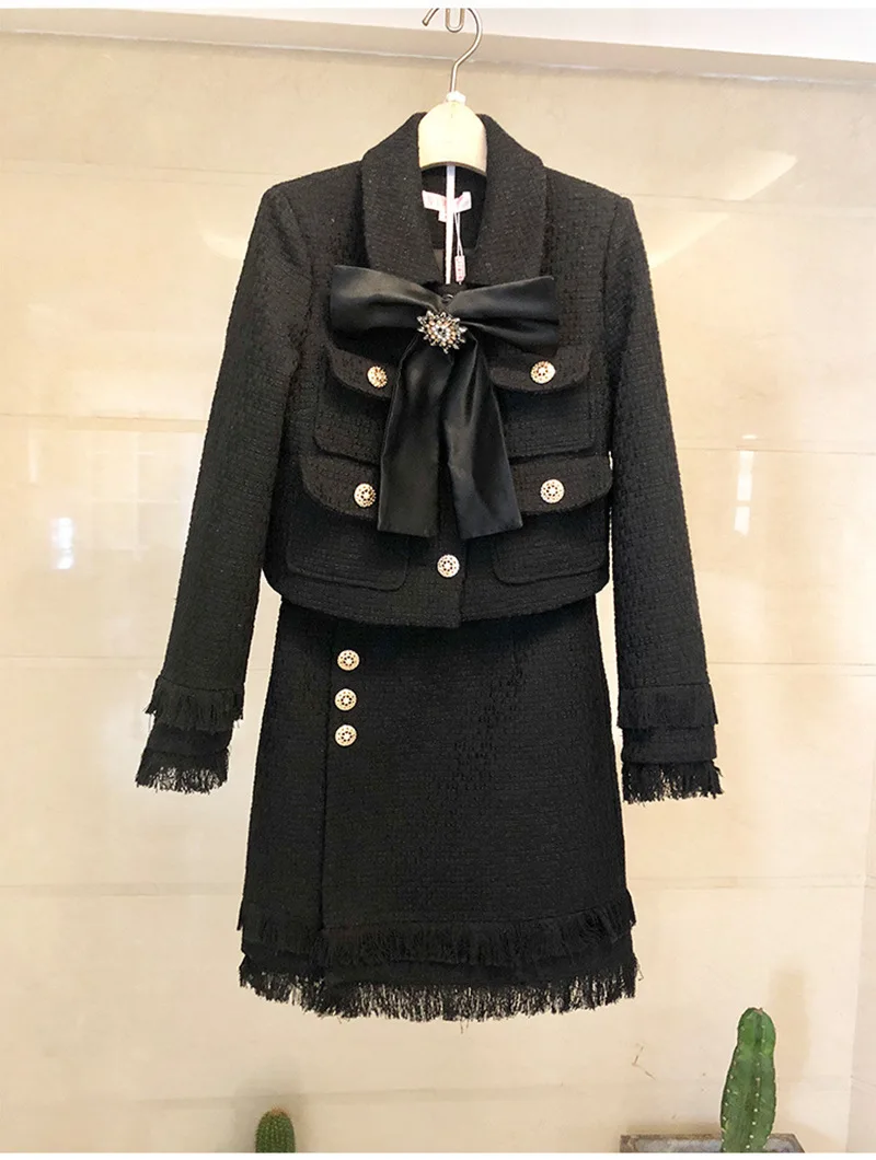 Брендовый дизайнерский осенне-зимний женский элегантный твидовый костюм, короткая куртка с отложным воротником и бантом+ мини-юбка, комплект из 2 предметов Y183