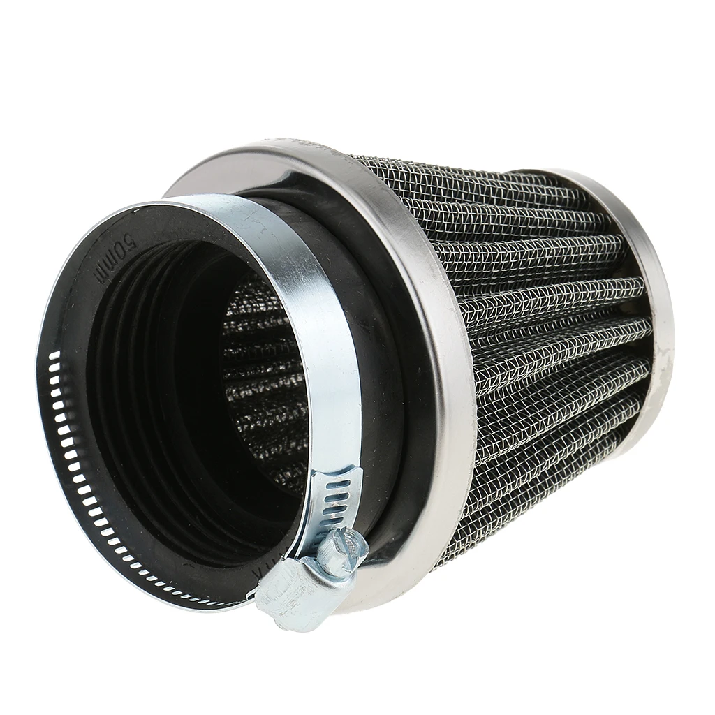 Universal Motorcycle Air Filter 50mm Car Black Silver Cone Mesh Air Intake Filter Cleaner Short Ram Clamp Ring