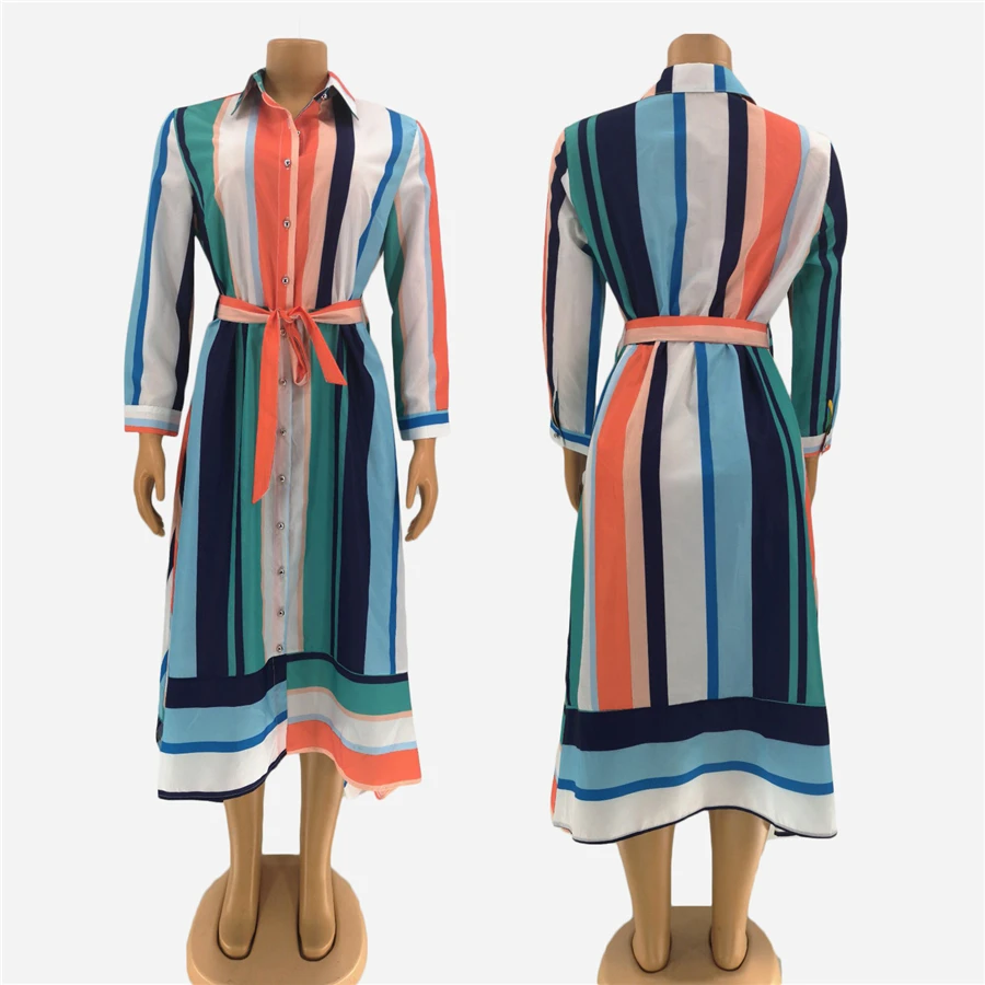 BAIBAZIN Hot Sale New Africa Europe and America Women's Dresses Long Stripe Shirt Dress Big Swing Skirt