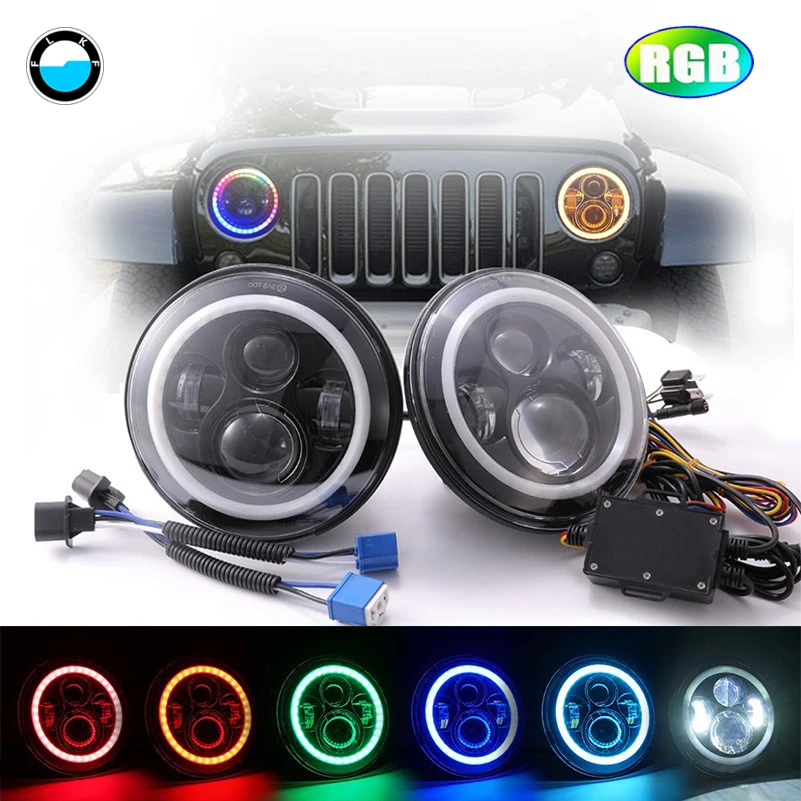 

7'' LED Headlights RGB Halo Angel eyes 7" Round Multicolor DRL with Bluetooth Remote for Jeep Wrangler JK TJ LJ Hummer H1 H2.
