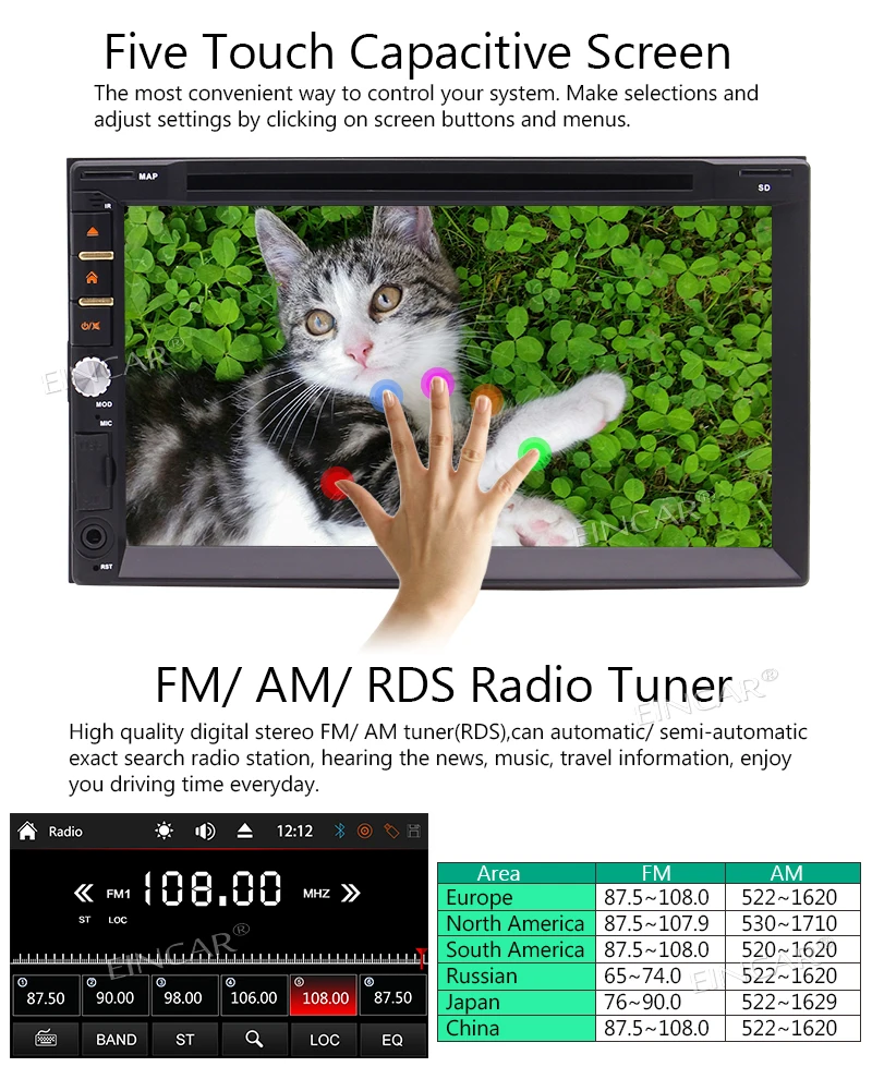Top Eincar Car Rearview Camera 7" Double Din In Dash Stereo Car Receiver Audio Video DVD CD Player Bluetooth FM AM RDS Radio MP3 3