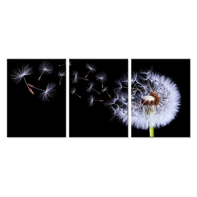 3 Piece Canvas Wall Art Black and White Fluttering Dandelion Nature