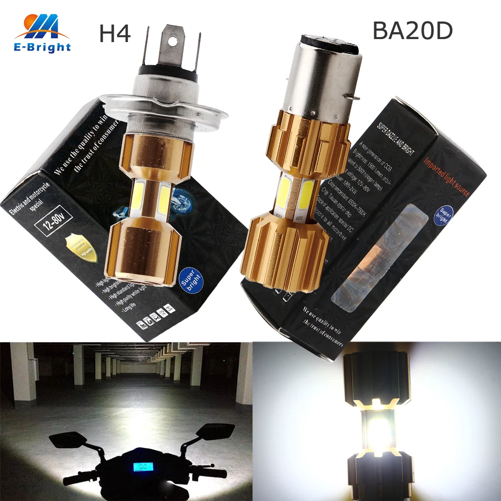 

YM E-Bright 2PCS Motorcycle Headlamp H4 BA20D COB 18W High/Low Beam Led Bulbs 1200LM Headlight 9-80V Aluminium Scooter Autocycle