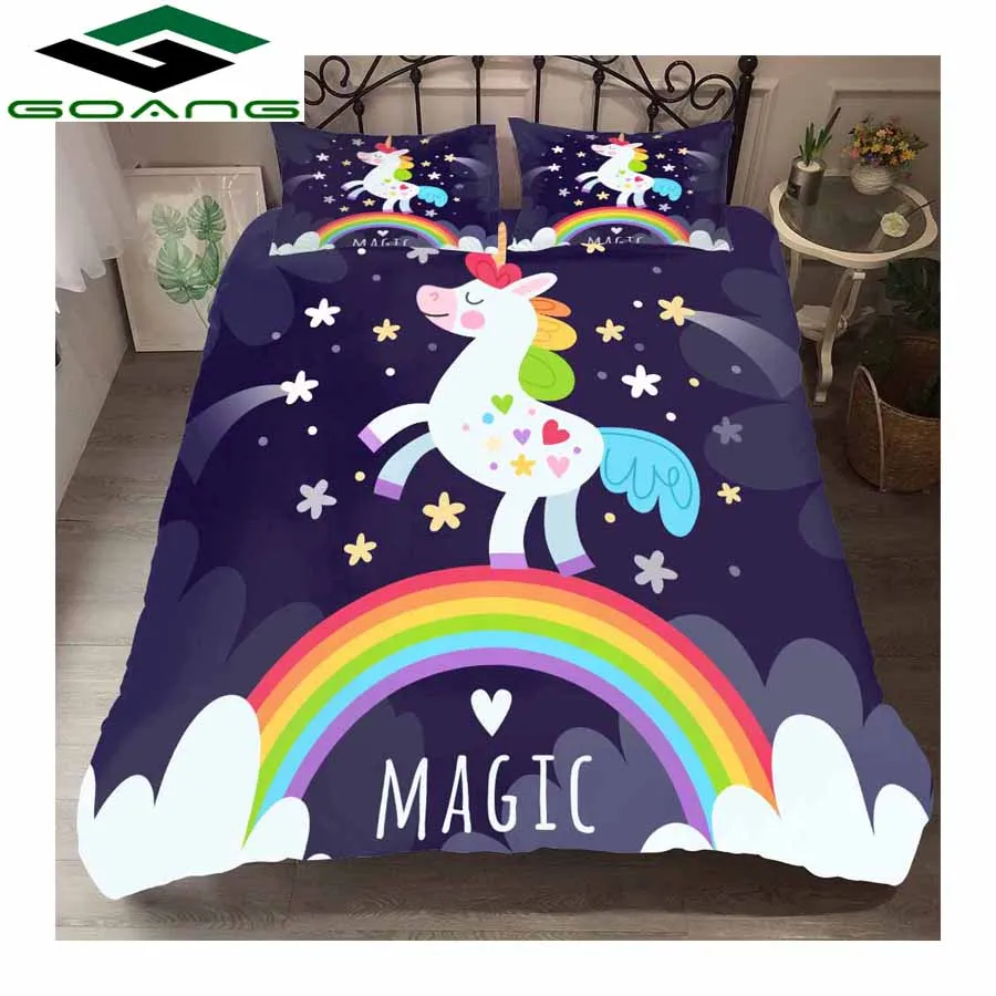 

GOANG Rainbow unicorns bedding set bed linen duvet cover pillow case 3pcs kids bedding set 100% Microfiber black background