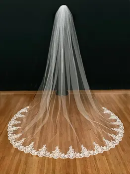 

Cathedral wedding veil, chapel lace bride vail, embroidered hem, floral lace, light ivory &comb long veils
