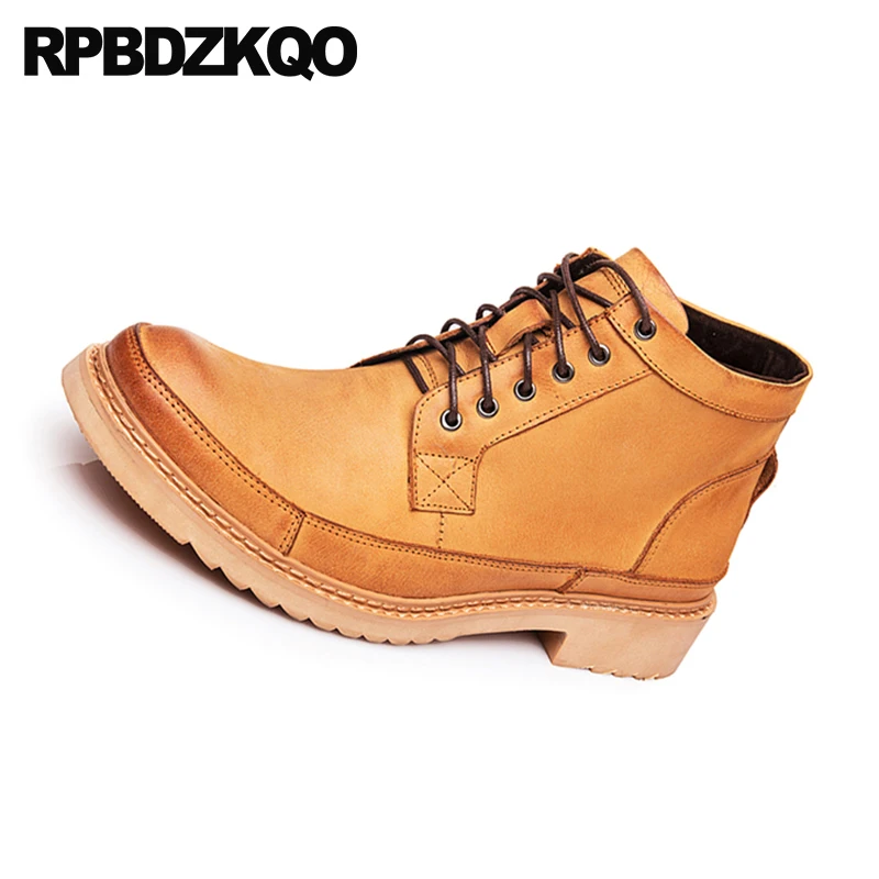Amarelo De Cheio Retro Grossas Britânico Couro Designer Combate Marrom Grão Até Genuíno Exército Rendas Curtas Do Botas Sapatos Militar Homens amarelo Estilo wHdAWxAqF