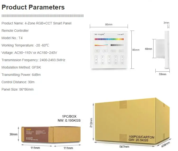 AC110 ~ 240 В Ми свет 4-зоны RGB + CCT Smart Панель пульт дистанционного управления T4 для всех Ми свет RGB/RGBW/RGB + CCT Светодиодный лампа контроллер серии