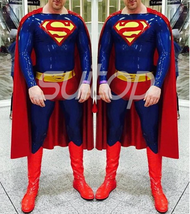 

New Arrival Men's Latex superman suit tights (catsuit +cape+shorts+belt)
