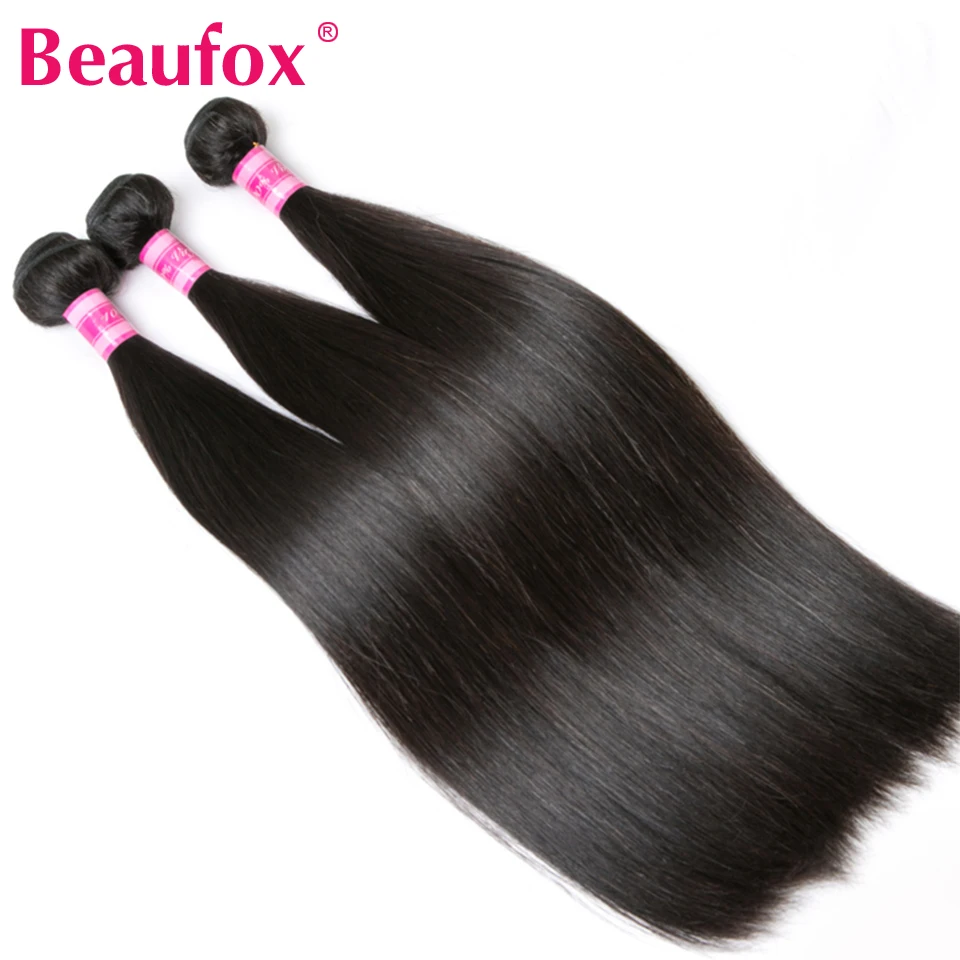 Beaufox Human Hair Bundles With Frontal Indian Straight 3 Bundles With Closure 13x4 Lace Frontal Natural Color Hair Extensions (3)