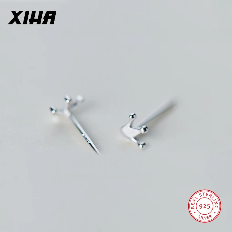 XIHA 925 пробы, серебряные серьги-гвоздики с короной для женщин, маленькие крошечные серьги для девочек, детские простые минималистичные корейские серьги