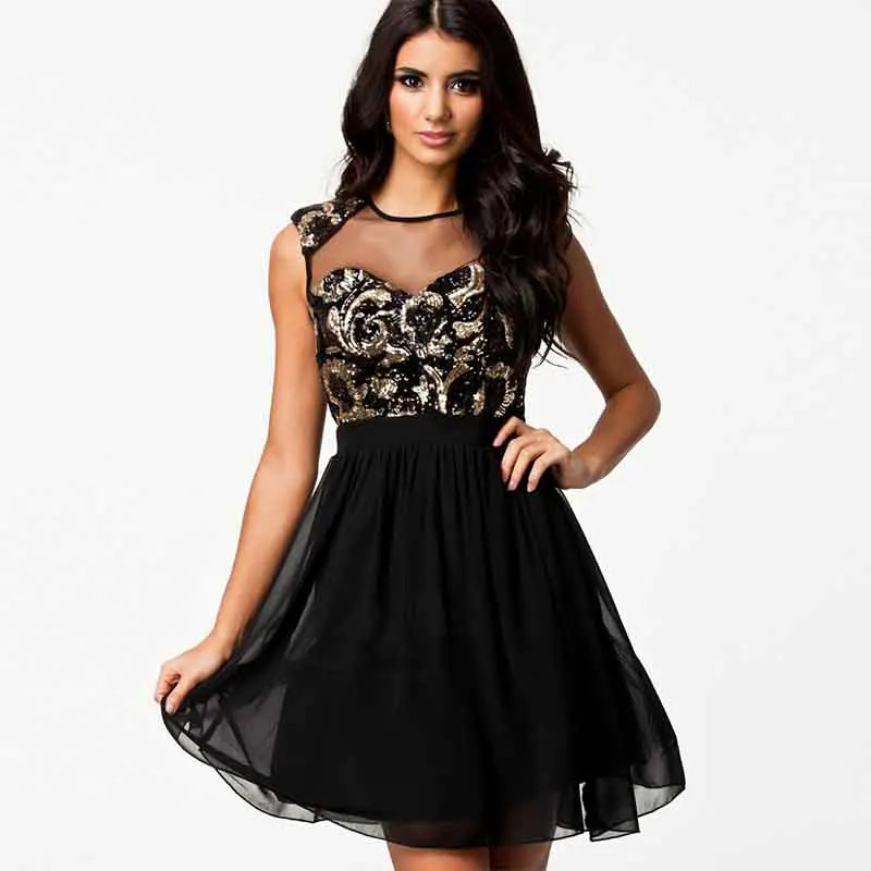 Women Dress Summer Ladies Sheer Mesh Patchwork Sequin Dress Sexy Casual Clubwear Party Sleeveless Tunic A line Dress Vestidos (1)
