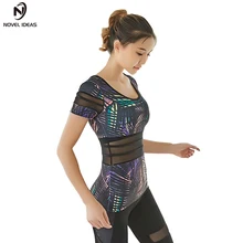 Новые идеи, Женская Спортивная футболка для тренировки в тренажерном зале, Спортивная футболка для бега, гимнастическая майка, Спортивная футболка, сетчатая панель с принтом