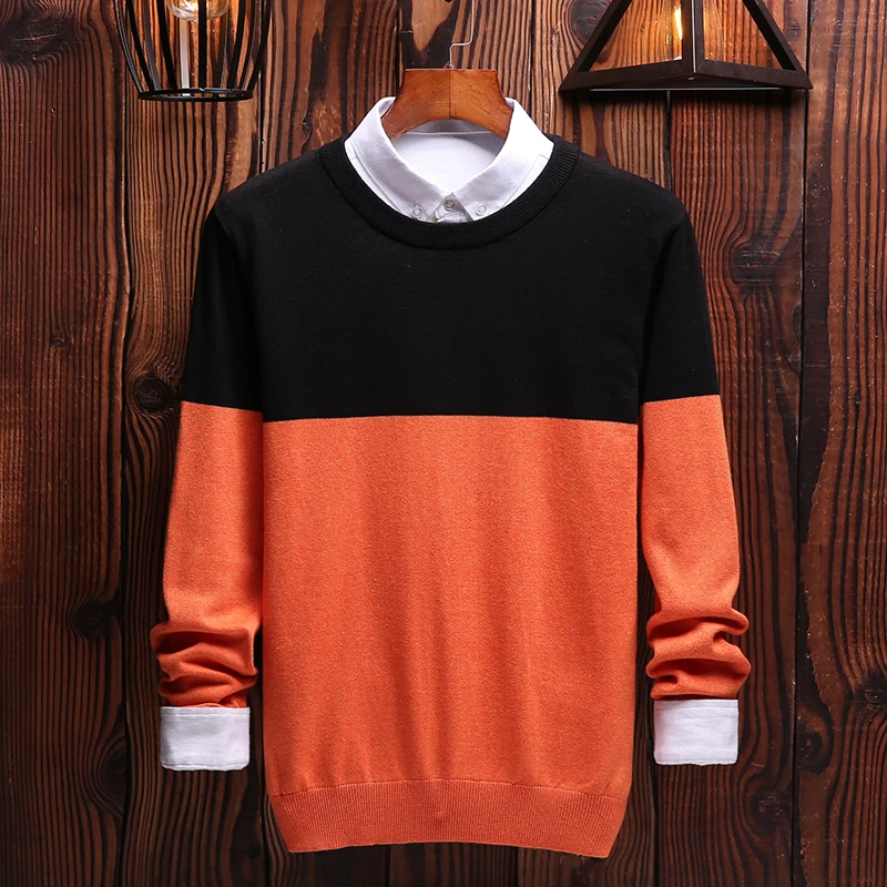 Мужские свитера с круглым вырезом, пуловеры в стиле пэчворк, хлопковый свитер, повседневные мужские свитера, осень,, компьютерная вязка - Цвет: orange