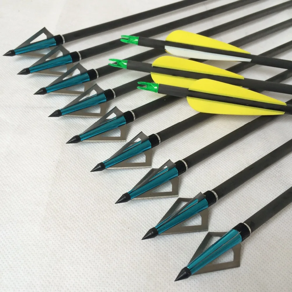 12 Sets Hunting Arrows Carbon Arrows Shaft With 125GR Blue Broadhead