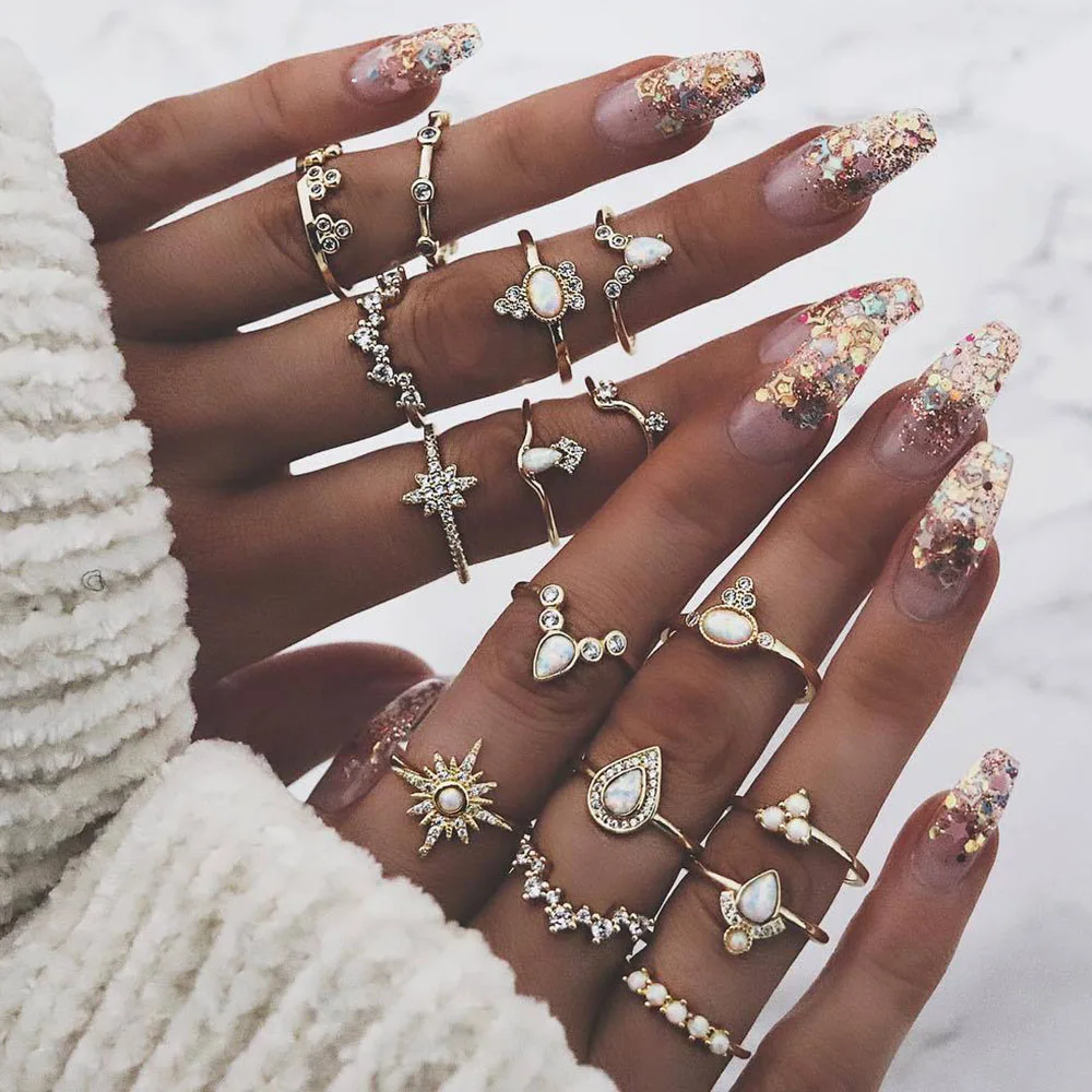 

25 Styles Women Bohemian Vintage Crown Wave Flower Heart Lotus Star Leaf Crystal Opal Joint Ring Party Jewelry Silver Rings Set