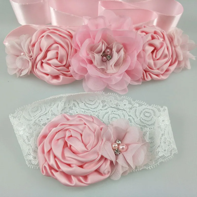 1 Set Chiffon Pink White Purple Flower Sash Matching Baby Headband Satin Sash Belt Flower Girl Hair Wedding Maternity Belts