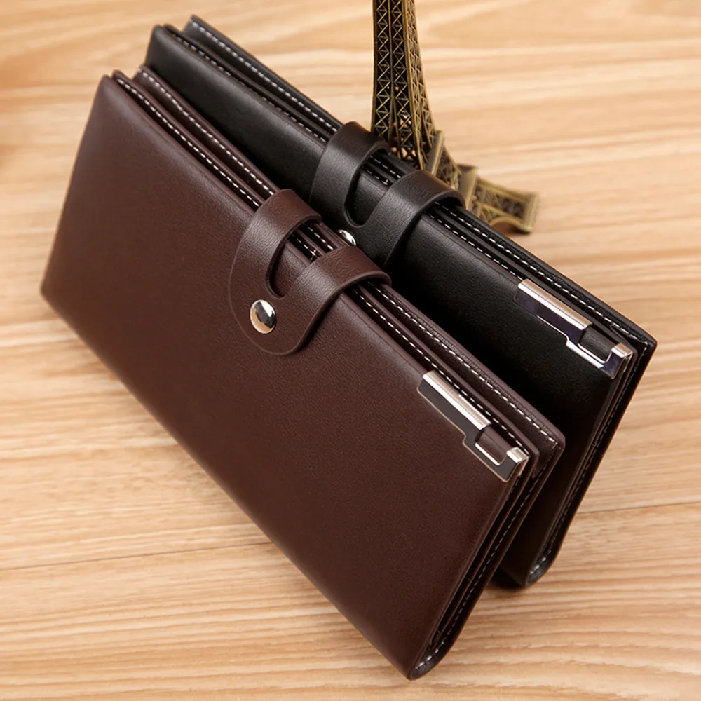 

Top Quality PU Simple Men Long Section Button Bifold Business Leather Wallet Card European minimalist design