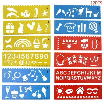 

12Pcs Drawing Molds Ruler Plastic Children Painting Stencils DIY Paper Art Craft Card Label Scrapbook Bookmark Educational Toy