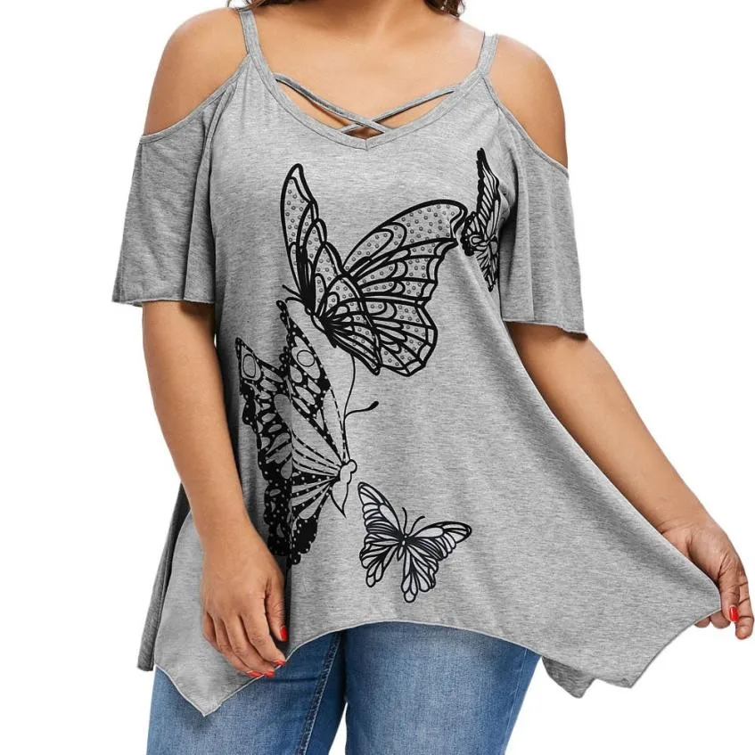 

Summer Tops For Womens Tops and Blouses 2018 Tunic Butterfly Print Cold Shoulder Cross Short Sleeve Tops Tee Shirt Woman Clothes